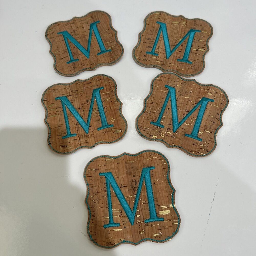 Handmade Embroidered Cork Coasters Monogram Turquoise Initial M Set of 5